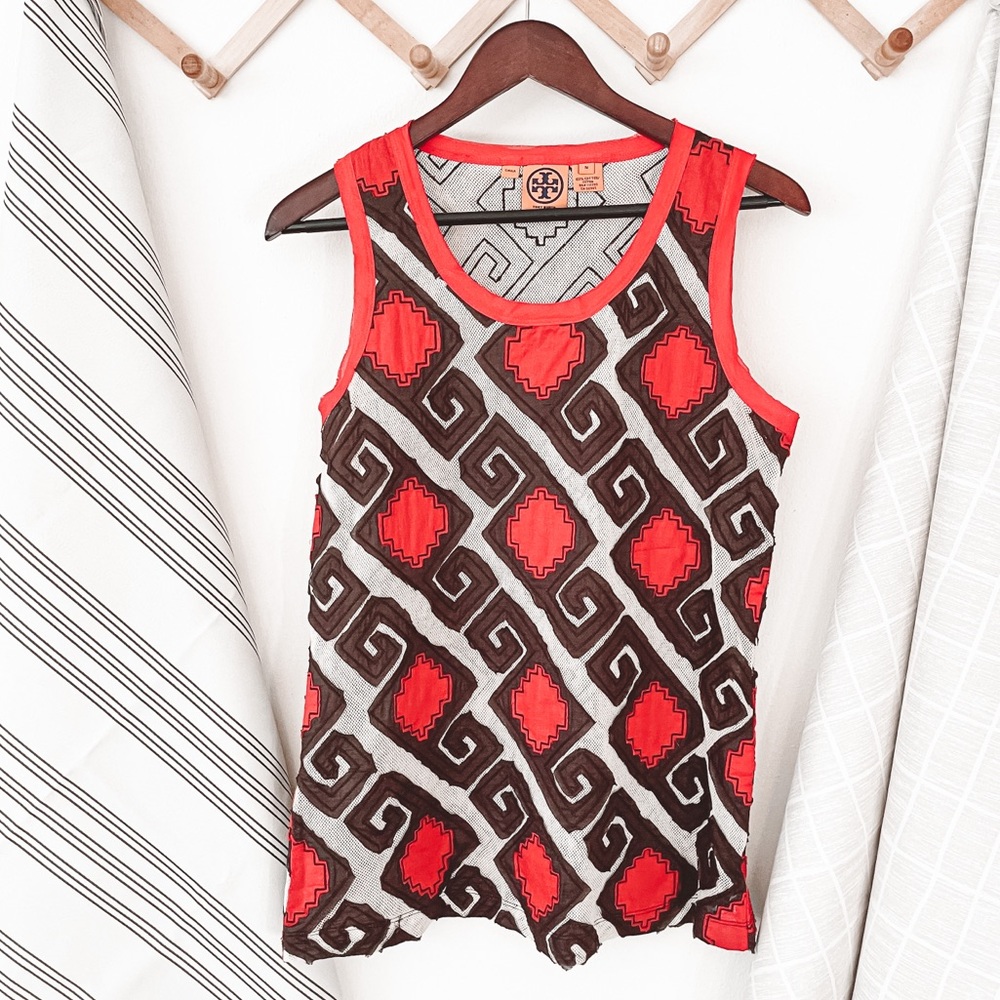 Tory Burch Abstract Red Brown Tank Top